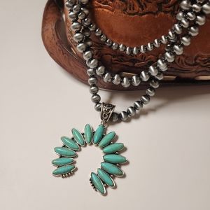 Turquoise Beaded Pearl Naja Pendant Layered Western Statement Necklace